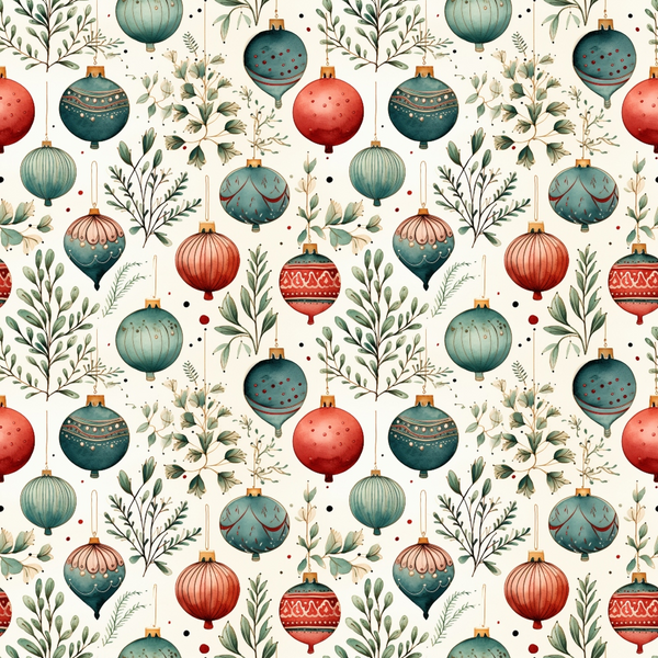 christmas ornaments, winter botanicals, teal blue, coral red, sage green, cream background, repeating pattern, holiday decorations, watercolor style, festive motifs,, fabric panel, seasonal design, ornament baubles, winter foliage, botanical elements, christmas theme, decorative pattern, soft colors, holiday crafting