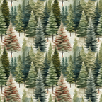 forest green, sage green, rust orange, cream, watercolor style, evergreen trees, pine trees, coniferous forest, woodland scene, nature pattern, repeating design,, fabric panel, winter trees, rustic colors, botanical illustration, seamless repeat, outdoor theme, earthy tones