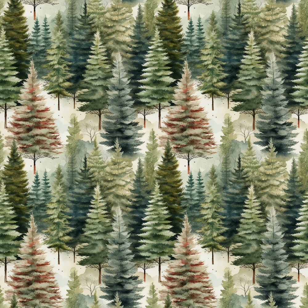 forest green, sage green, rust orange, cream, watercolor style, evergreen trees, pine trees, coniferous forest, woodland scene, nature pattern, repeating design,, fabric panel, winter trees, rustic colors, botanical illustration, seamless repeat, outdoor theme, earthy tones