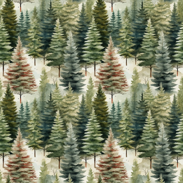 forest green, sage green, rust orange, cream, watercolor style, evergreen trees, pine trees, coniferous forest, woodland scene, nature pattern, repeating design,, fabric panel, winter trees, rustic colors, botanical illustration, seamless repeat, outdoor theme, earthy tones