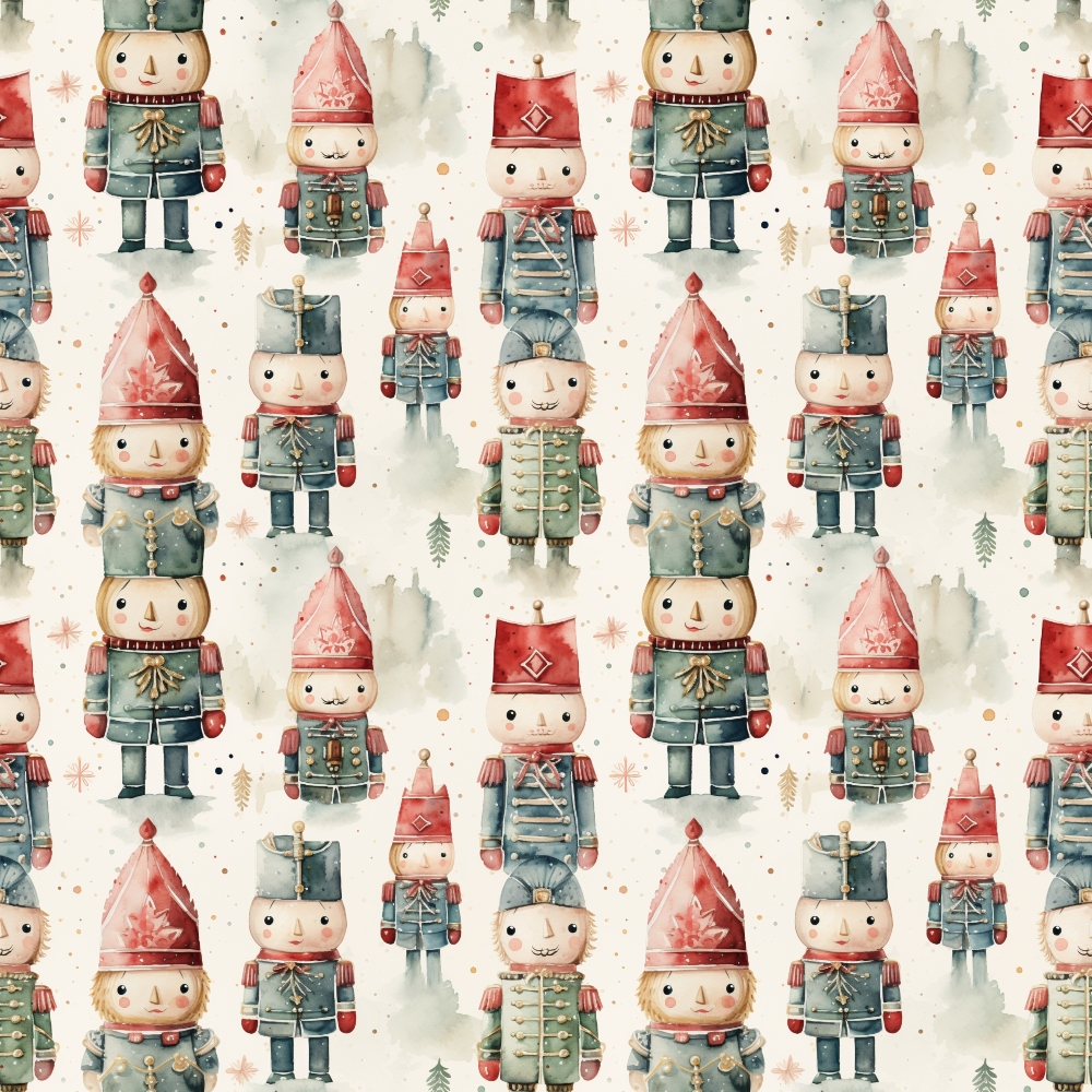 nutcracker soldiers, christmas pattern,, fabric panel, red uniforms, blue uniforms, military figures, holiday theme, watercolor style, repeating pattern, festive characters, toy soldiers, christmas decorations, seasonal fabric, craft material, sewing fabric, holiday quilting, winter theme, decorative nutcrackers