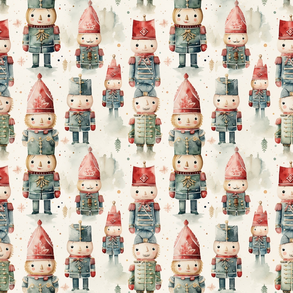 nutcracker soldiers, christmas pattern,, fabric panel, red uniforms, blue uniforms, military figures, holiday theme, watercolor style, repeating pattern, festive characters, toy soldiers, christmas decorations, seasonal fabric, craft material, sewing fabric, holiday quilting, winter theme, decorative nutcrackers