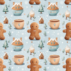 light blue, brown, white, winter pattern, gingerbread men, christmas trees, teacups, gingerbread houses, hot chocolate mugs, snowflakes, repeating pattern,, fabric panel, holiday theme, cozy winter, whimsical illustration, seasonal motif, snowy background, warm beverages, festive design
