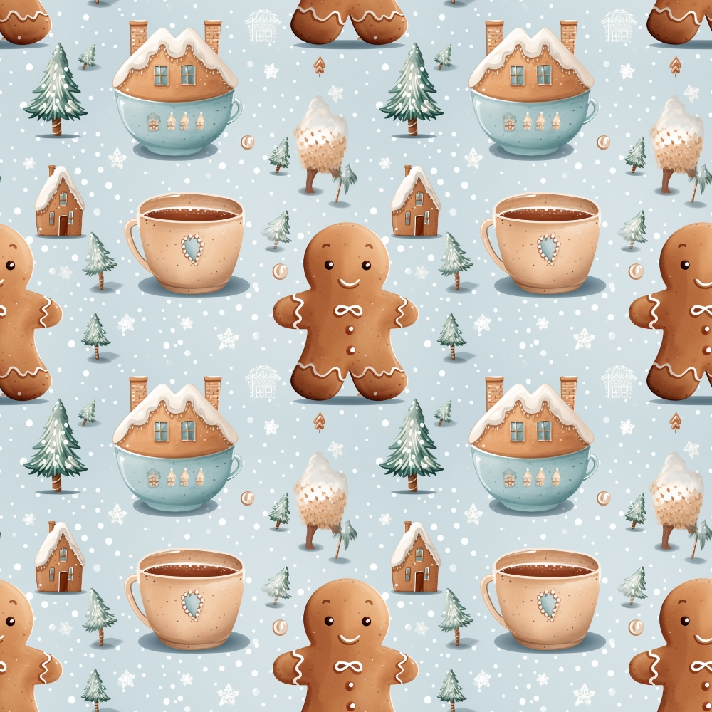 light blue, brown, white, winter pattern, gingerbread men, christmas trees, teacups, gingerbread houses, hot chocolate mugs, snowflakes, repeating pattern,, fabric panel, holiday theme, cozy winter, whimsical illustration, seasonal motif, snowy background, warm beverages, festive design