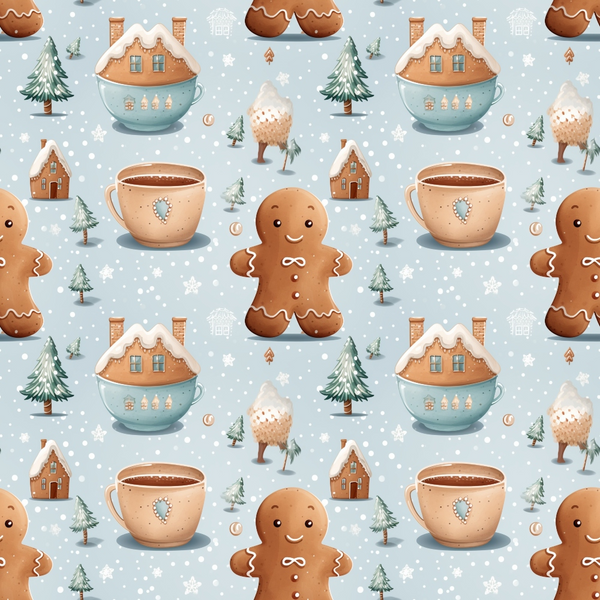 light blue, brown, white, winter pattern, gingerbread men, christmas trees, teacups, gingerbread houses, hot chocolate mugs, snowflakes, repeating pattern,, fabric panel, holiday theme, cozy winter, whimsical illustration, seasonal motif, snowy background, warm beverages, festive design