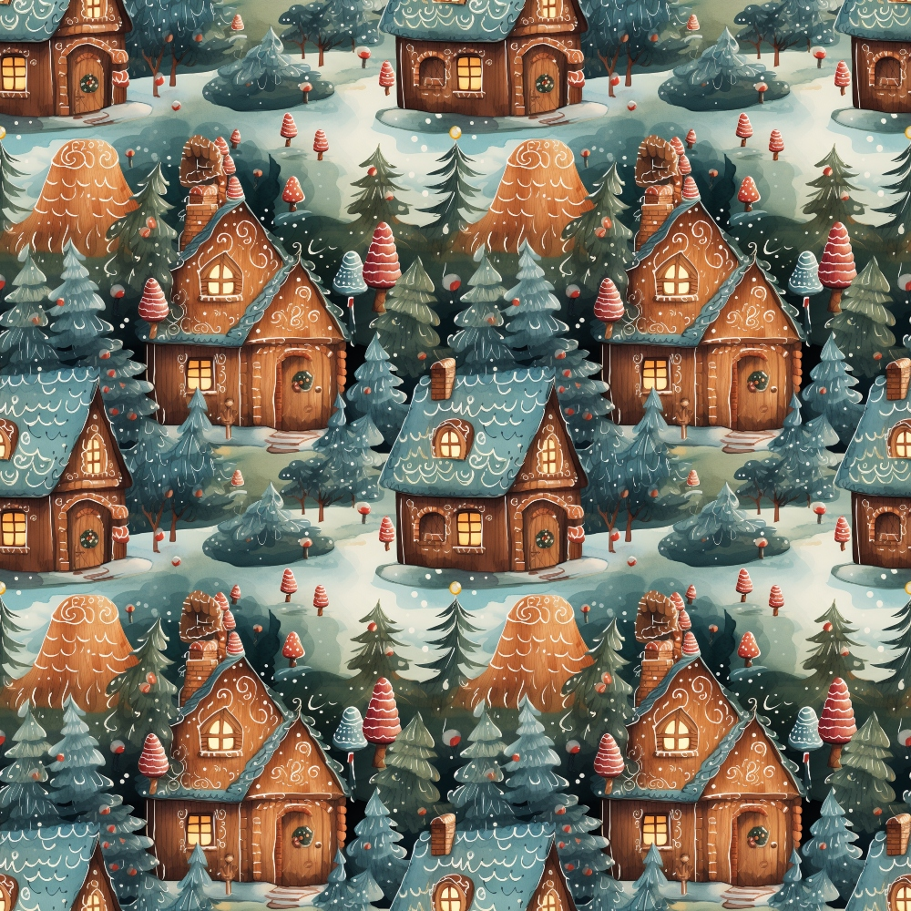 christmas pattern, winter village, gingerbread houses, evergreen trees, snowy scene, brown houses, teal blue, forest green, orange roofs,, fabric panel, whimsical illustration, holiday motif, cozy cottages, pine trees, winter wonderland, festive design, repeating pattern, christmas trees, snowy landscape