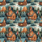 christmas pattern, winter village, gingerbread houses, evergreen trees, snowy scene, brown houses, teal blue, forest green, orange roofs,, fabric panel, whimsical illustration, holiday motif, cozy cottages, pine trees, winter wonderland, festive design, repeating pattern, christmas trees, snowy landscape