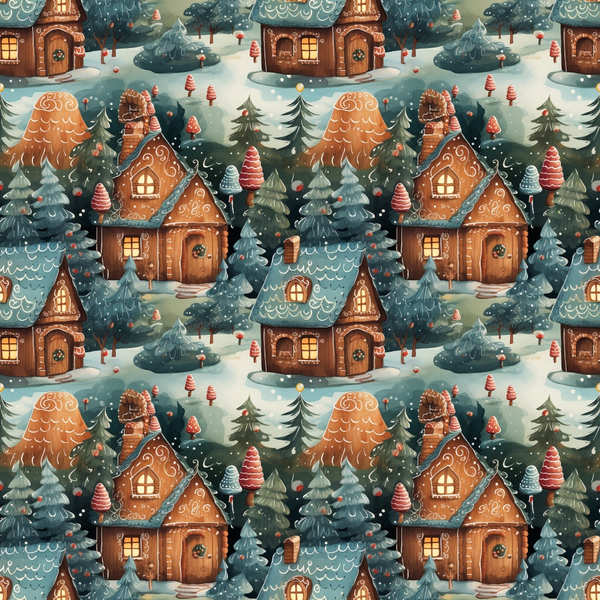 christmas pattern, winter village, gingerbread houses, evergreen trees, snowy scene, brown houses, teal blue, forest green, orange roofs,, fabric panel, whimsical illustration, holiday motif, cozy cottages, pine trees, winter wonderland, festive design, repeating pattern, christmas trees, snowy landscape