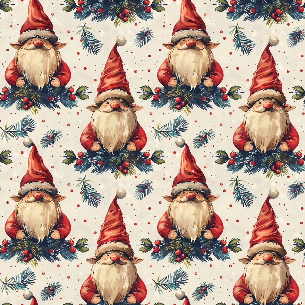 christmas gnomes, red, cream, beige, green, holly berries, pine branches, pointed hats, white beards, repeating pattern, festive, holiday motif, winter theme,, fabric panel, whimsical characters, seasonal design, nordic gnomes, christmas fabric, decorative pattern