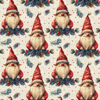 christmas gnomes, red, cream, beige, green, holly berries, pine branches, pointed hats, white beards, repeating pattern, festive, holiday motif, winter theme,, fabric panel, whimsical characters, seasonal design, nordic gnomes, christmas fabric, decorative pattern