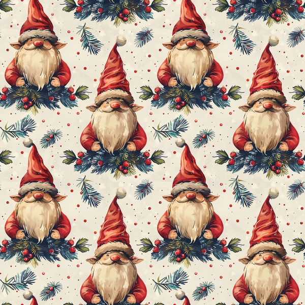 christmas gnomes, red, cream, beige, green, holly berries, pine branches, pointed hats, white beards, repeating pattern, festive, holiday motif, winter theme,, fabric panel, whimsical characters, seasonal design, nordic gnomes, christmas fabric, decorative pattern