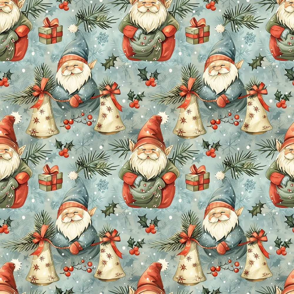 christmas gnomes, holiday pattern,, fabric panel, sage green, coral red, cream bells, gift boxes, holly berries, pine branches, snowflakes, winter theme, repeating pattern, whimsical style, festive design, nordic gnomes, holiday crafting, seasonal fabric, christmas sewing, decorative bells