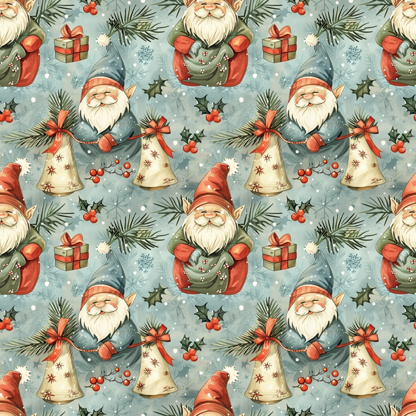 christmas gnomes, holiday pattern,, fabric panel, sage green, coral red, cream bells, gift boxes, holly berries, pine branches, snowflakes, winter theme, repeating pattern, whimsical style, festive design, nordic gnomes, holiday crafting, seasonal fabric, christmas sewing, decorative bells