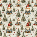 christmas gnomes, winter pattern,, fabric panel, evergreen trees, red berries, snowfall, beige background, gray jackets, red hats, white beards, sitting gnomes, pine trees, winter scene, holiday fabric, repeating pattern, woodland theme, festive design, brown boots, snowy atmosphere
