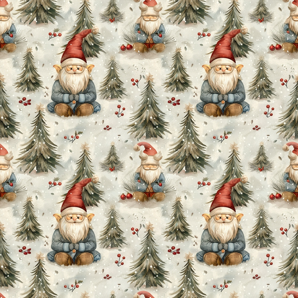 christmas gnomes, winter pattern,, fabric panel, evergreen trees, red berries, snowfall, beige background, gray jackets, red hats, white beards, sitting gnomes, pine trees, winter scene, holiday fabric, repeating pattern, woodland theme, festive design, brown boots, snowy atmosphere