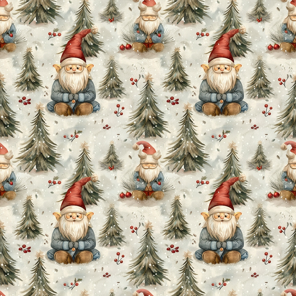 christmas gnomes, winter pattern,, fabric panel, evergreen trees, red berries, snowfall, beige background, gray jackets, red hats, white beards, sitting gnomes, pine trees, winter scene, holiday fabric, repeating pattern, woodland theme, festive design, brown boots, snowy atmosphere