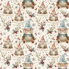 christmas gnomes, holiday pattern, beige background, red berries, holly leaves, reindeer antlers, pointed hats, white beards,, fabric panel, winter theme, festive design, snowflakes, watercolor style, seamless repeat, seasonal motifs, nordic gnomes, holiday crafting, christmas characters, soft pastels