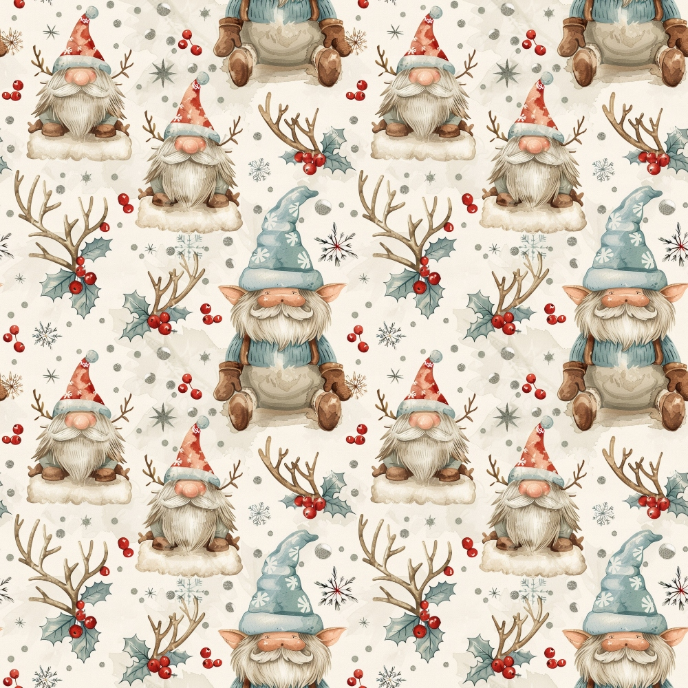 christmas gnomes, holiday pattern, beige background, red berries, holly leaves, reindeer antlers, pointed hats, white beards,, fabric panel, winter theme, festive design, snowflakes, watercolor style, seamless repeat, seasonal motifs, nordic gnomes, holiday crafting, christmas characters, soft pastels