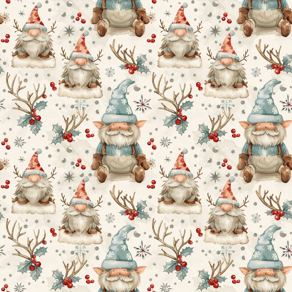 christmas gnomes, holiday pattern, beige background, red berries, holly leaves, reindeer antlers, pointed hats, white beards,, fabric panel, winter theme, festive design, snowflakes, watercolor style, seamless repeat, seasonal motifs, nordic gnomes, holiday crafting, christmas characters, soft pastels