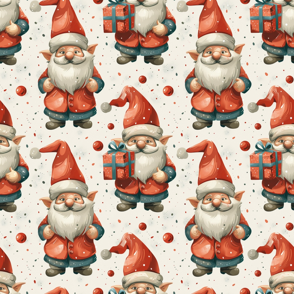 christmas gnomes, festive pattern, red and teal, gift boxes, santa hats, white beards,, fabric panel, holiday themed, repeating design, winter characters, coral red, forest green, cream background, scattered ornaments, christmas balls, elf-like figures, seasonal motifs, cotton fabric, festive elves