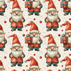 christmas gnomes, festive pattern, red and teal, gift boxes, santa hats, white beards,, fabric panel, holiday themed, repeating design, winter characters, coral red, forest green, cream background, scattered ornaments, christmas balls, elf-like figures, seasonal motifs, cotton fabric, festive elves