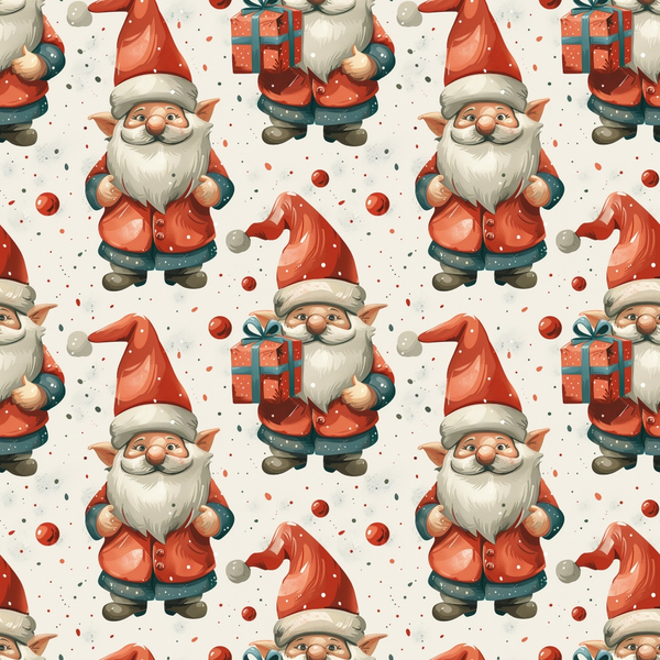 christmas gnomes, festive pattern, red and teal, gift boxes, santa hats, white beards,, fabric panel, holiday themed, repeating design, winter characters, coral red, forest green, cream background, scattered ornaments, christmas balls, elf-like figures, seasonal motifs, cotton fabric, festive elves