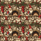 christmas gnomes, red santa hats, stone fireplace, crackling flames, holly berries, evergreen branches, christmas stockings, beige stone wall,, fabric panel, holiday pattern, festive design, warm brown tones, red and green colors, cozy fireplace scene, winter theme, repeating pattern, christmas decorations, seasonal fabric, gnome characters