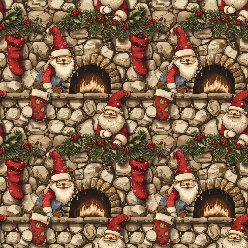 christmas gnomes, red santa hats, stone fireplace, crackling flames, holly berries, evergreen branches, christmas stockings, beige stone wall,, fabric panel, holiday pattern, festive design, warm brown tones, red and green colors, cozy fireplace scene, winter theme, repeating pattern, christmas decorations, seasonal fabric, gnome characters