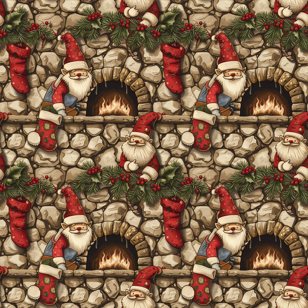 christmas gnomes, red santa hats, stone fireplace, crackling flames, holly berries, evergreen branches, christmas stockings, beige stone wall,, fabric panel, holiday pattern, festive design, warm brown tones, red and green colors, cozy fireplace scene, winter theme, repeating pattern, christmas decorations, seasonal fabric, gnome characters