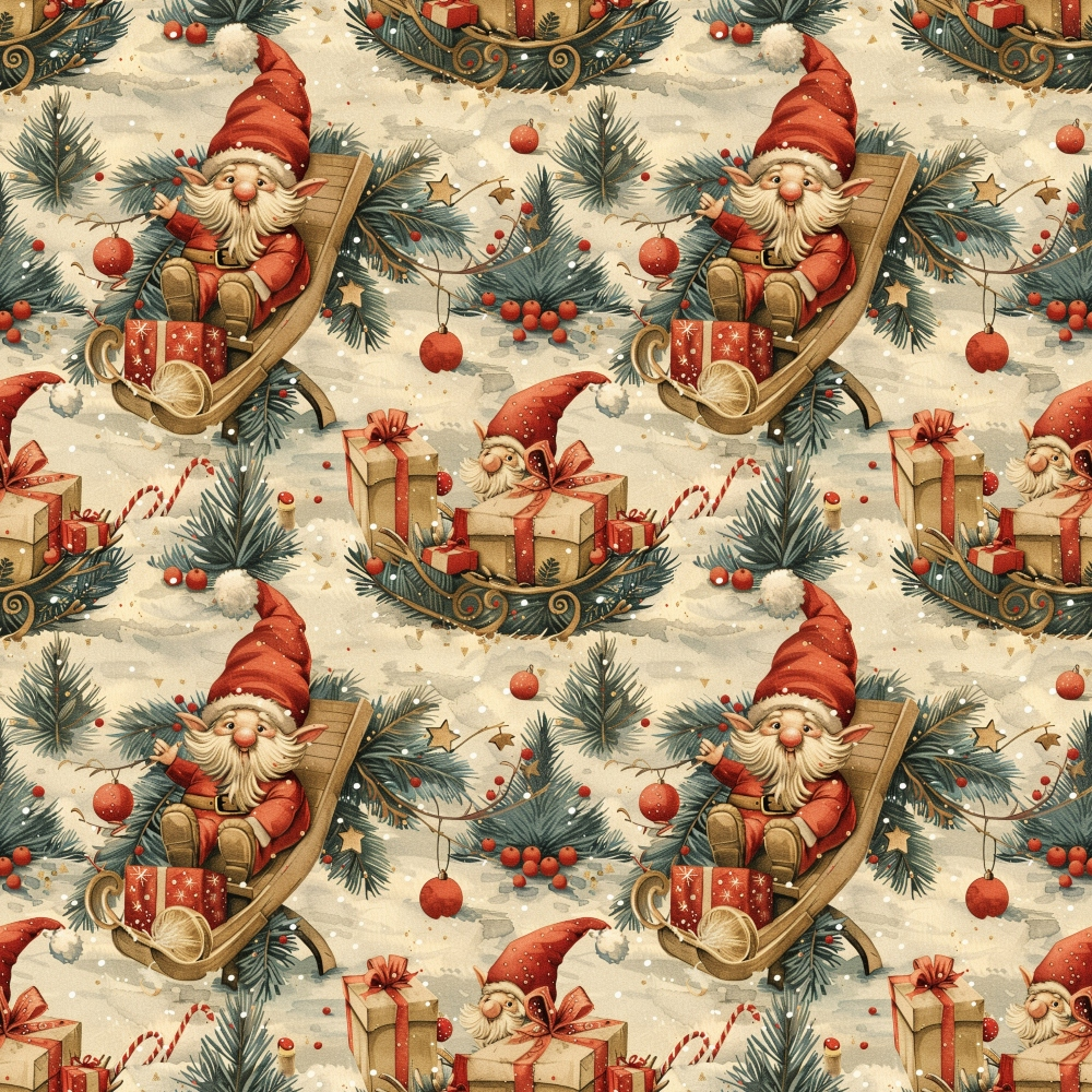 christmas gnomes, winter pattern, red hats, wooden sleds, gift boxes, pine branches, red ornaments, candy canes, beige background, repeating motif,, fabric panel, holiday themed, festive design, seasonal print, gnome characters, christmas decorations, winter motifs, craft fabric, sewing material