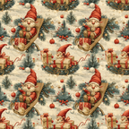 christmas gnomes, winter pattern, red hats, wooden sleds, gift boxes, pine branches, red ornaments, candy canes, beige background, repeating motif,, fabric panel, holiday themed, festive design, seasonal print, gnome characters, christmas decorations, winter motifs, craft fabric, sewing material