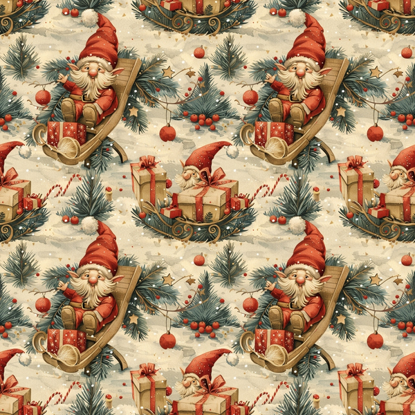 christmas gnomes, winter pattern, red hats, wooden sleds, gift boxes, pine branches, red ornaments, candy canes, beige background, repeating motif,, fabric panel, holiday themed, festive design, seasonal print, gnome characters, christmas decorations, winter motifs, craft fabric, sewing material