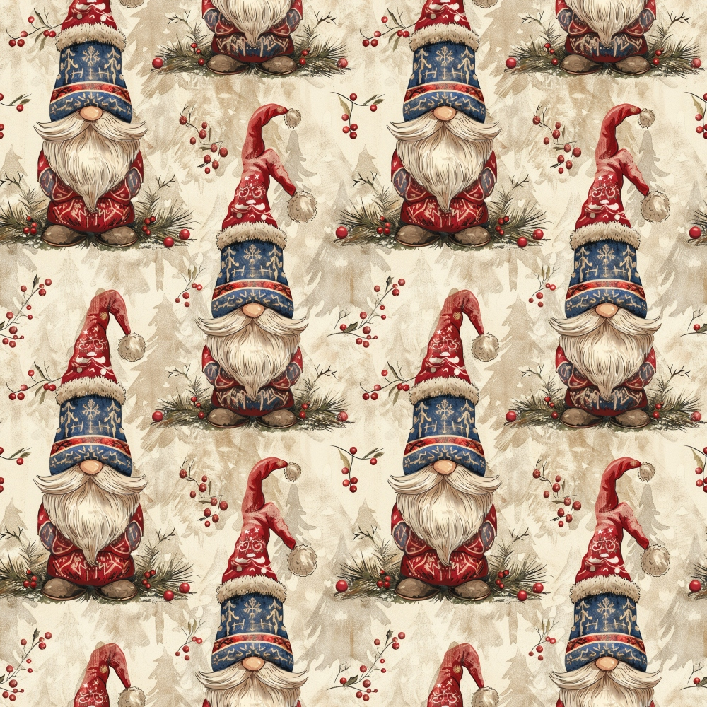 christmas gnomes,, fabric panel, red hats, white beards, blue sweaters, cranberries, pine branches, holiday pattern, repeating motif, whimsical characters, festive design, winter theme, brown boots, nordic style, seasonal fabric, craft material, patchwork suitable, holiday sewing, rustic christmas