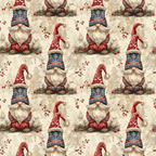 christmas gnomes,, fabric panel, red hats, white beards, blue sweaters, cranberries, pine branches, holiday pattern, repeating motif, whimsical characters, festive design, winter theme, brown boots, nordic style, seasonal fabric, craft material, patchwork suitable, holiday sewing, rustic christmas