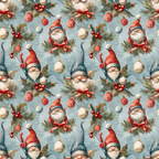 christmas gnomes,, fabric panel, winter pattern, red hats, white beards, holly berries, pine branches, christmas ornaments, snowflakes, dusty blue background, coral red, sage green, repeating pattern, holiday theme, whimsical characters, festive design, winter gnomes, christmas decorations, seasonal fabric