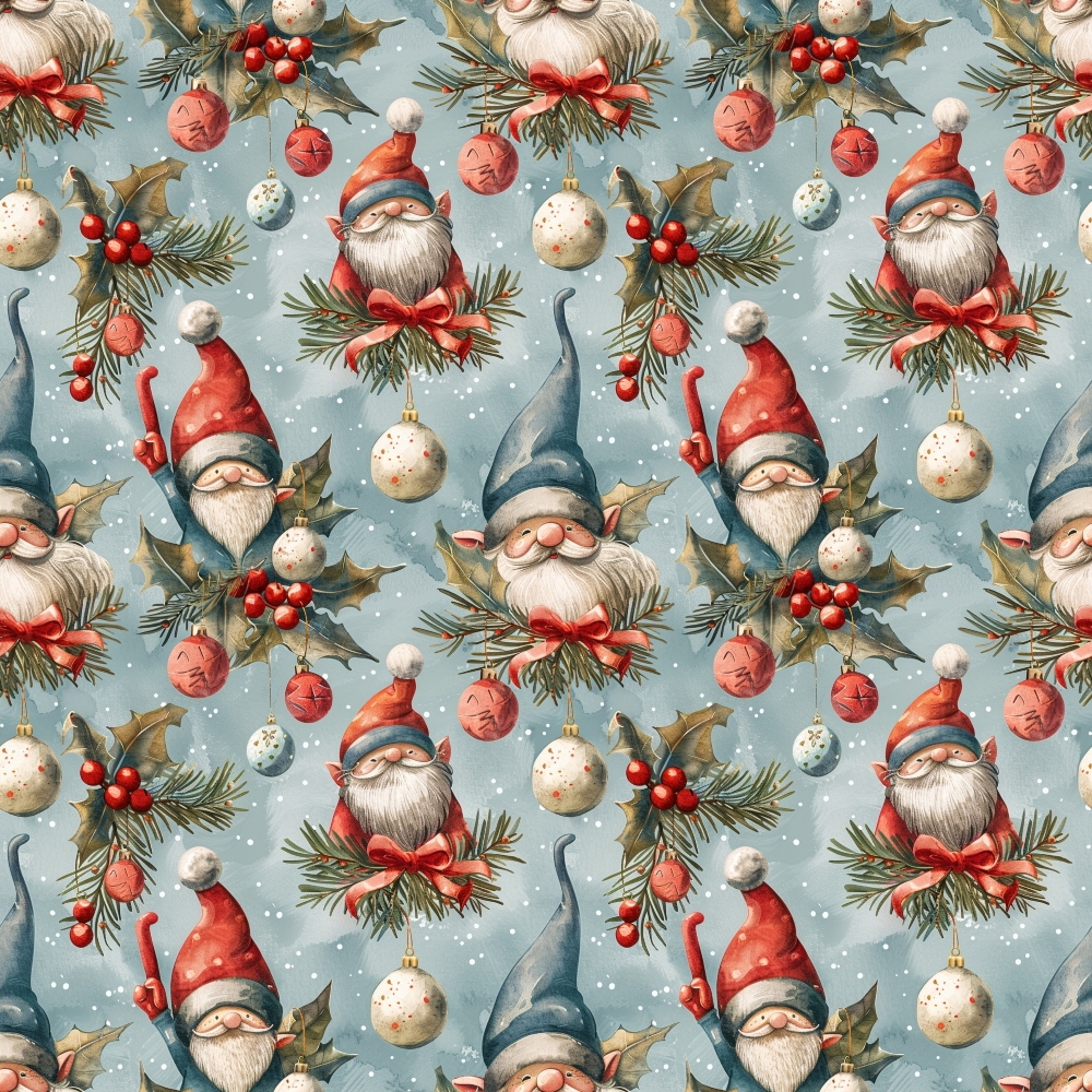 christmas gnomes,, fabric panel, winter pattern, red hats, white beards, holly berries, pine branches, christmas ornaments, snowflakes, dusty blue background, coral red, sage green, repeating pattern, holiday theme, whimsical characters, festive design, winter gnomes, christmas decorations, seasonal fabric