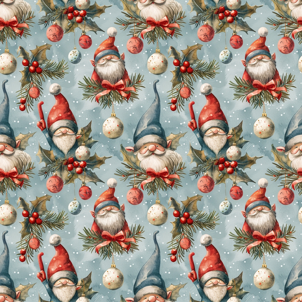 christmas gnomes,, fabric panel, winter pattern, red hats, white beards, holly berries, pine branches, christmas ornaments, snowflakes, dusty blue background, coral red, sage green, repeating pattern, holiday theme, whimsical characters, festive design, winter gnomes, christmas decorations, seasonal fabric