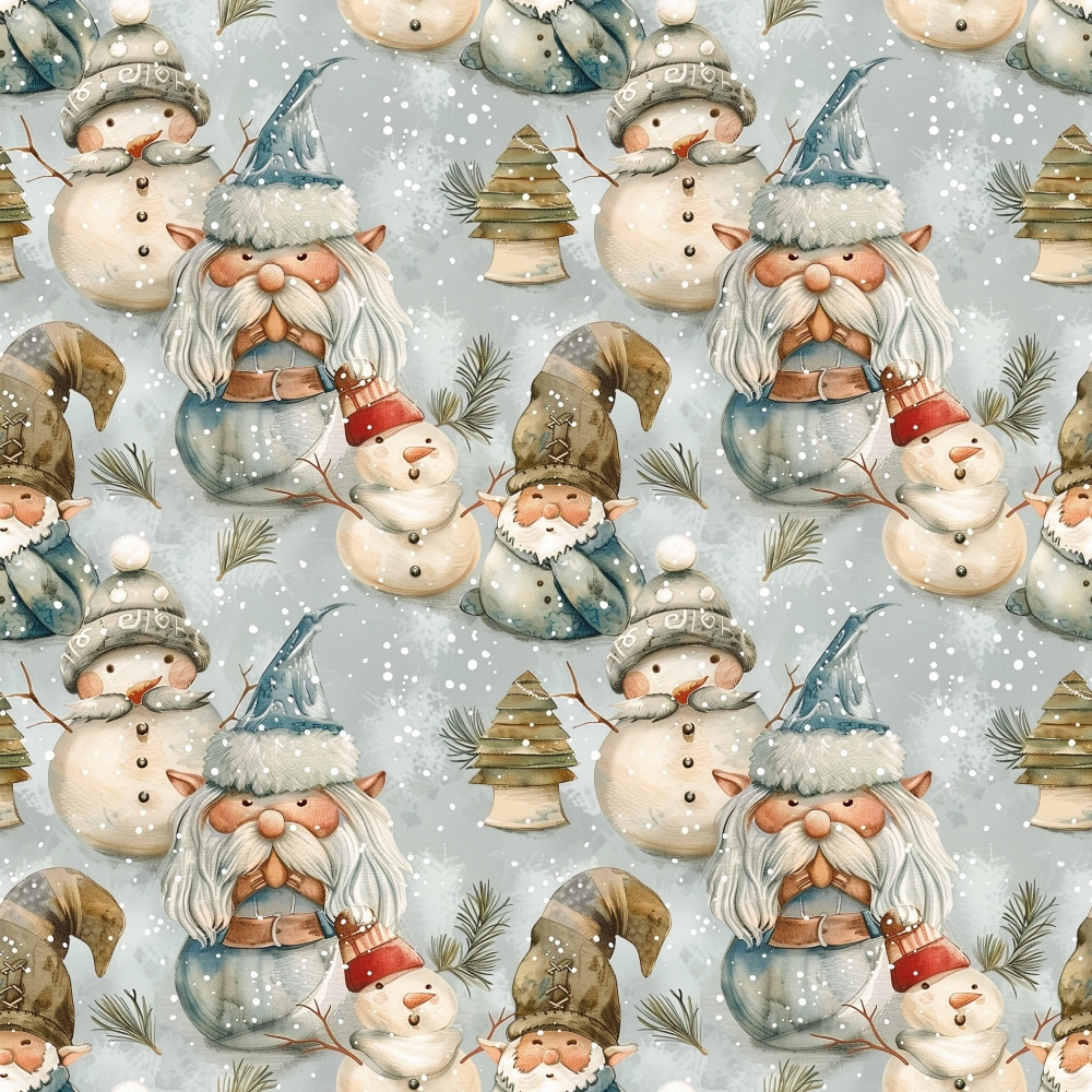 christmas gnomes, snowmen, winter characters, snowy background, gray blue tones, sage green, cream white, watercolor style, whimsical illustration, pine trees, snowflakes, knitted hats, beards, festive pattern, repeating motif,, fabric panel, holiday theme, nordic gnomes, winter scene