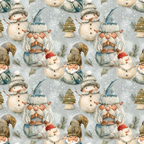 christmas gnomes, snowmen, winter characters, snowy background, gray blue tones, sage green, cream white, watercolor style, whimsical illustration, pine trees, snowflakes, knitted hats, beards, festive pattern, repeating motif,, fabric panel, holiday theme, nordic gnomes, winter scene