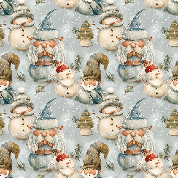 christmas gnomes, snowmen, winter characters, snowy background, gray blue tones, sage green, cream white, watercolor style, whimsical illustration, pine trees, snowflakes, knitted hats, beards, festive pattern, repeating motif,, fabric panel, holiday theme, nordic gnomes, winter scene