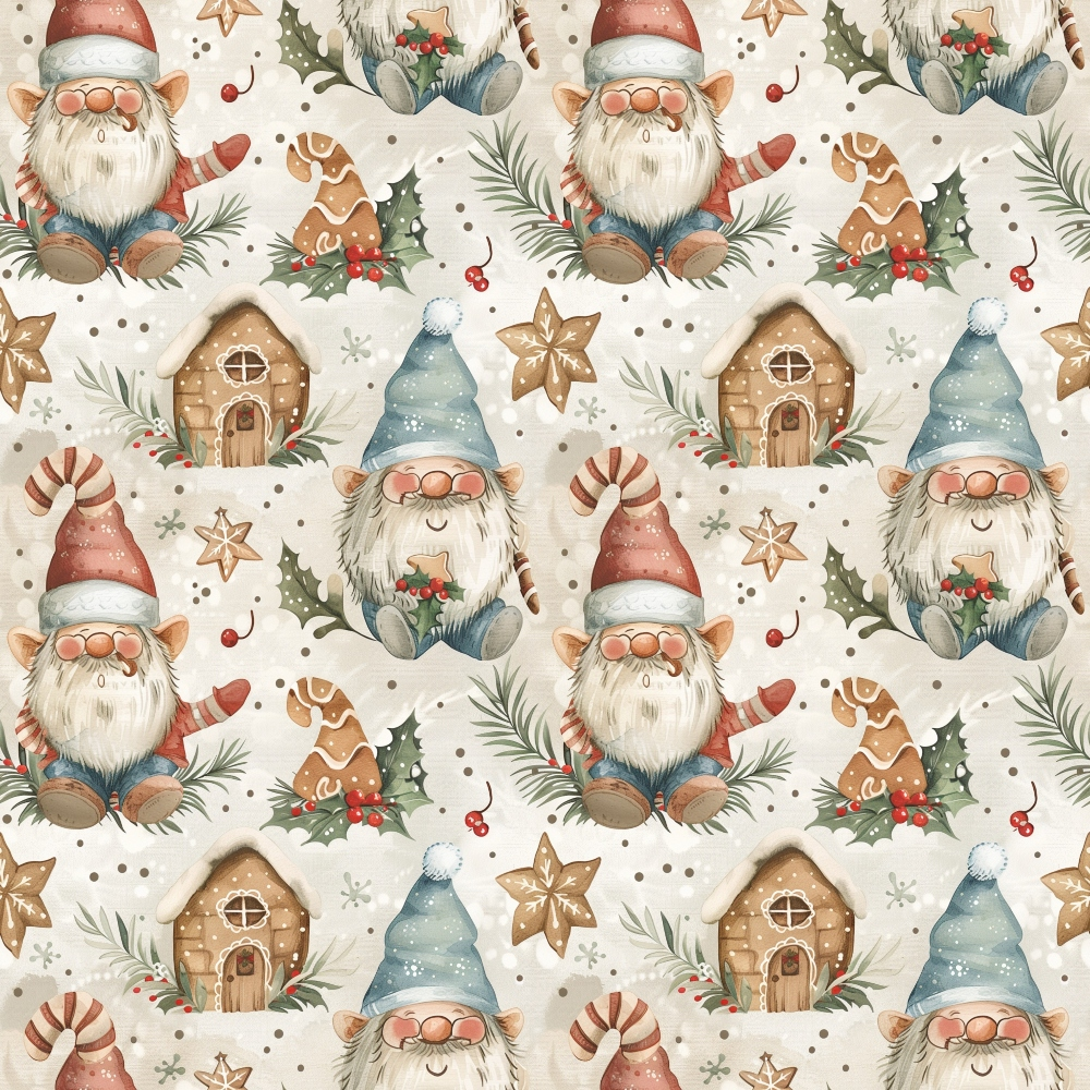 christmas gnomes, holiday pattern, beige background, red hats, blue hats, white beards, gingerbread houses, holly berries, candy canes, pine branches, star cookies,, fabric panel, repeating motifs, watercolor style, festive design, winter theme, seasonal fabric, craft material, sewing supplies