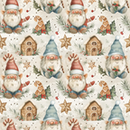 christmas gnomes, holiday pattern, beige background, red hats, blue hats, white beards, gingerbread houses, holly berries, candy canes, pine branches, star cookies,, fabric panel, repeating motifs, watercolor style, festive design, winter theme, seasonal fabric, craft material, sewing supplies