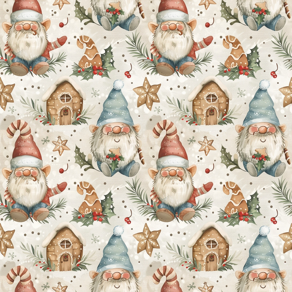 christmas gnomes, holiday pattern, beige background, red hats, blue hats, white beards, gingerbread houses, holly berries, candy canes, pine branches, star cookies,, fabric panel, repeating motifs, watercolor style, festive design, winter theme, seasonal fabric, craft material, sewing supplies