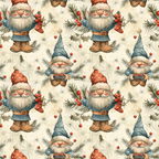 christmas gnomes, holiday pattern,, fabric panel, red berries, blue clothing, white beards, brown boots, pine branches, holiday stockings, winter gnomes, festive characters, cream background, seasonal fabric, holly leaves, starbursts, whimsical design, repeating pattern, christmas decoration, nordic gnomes