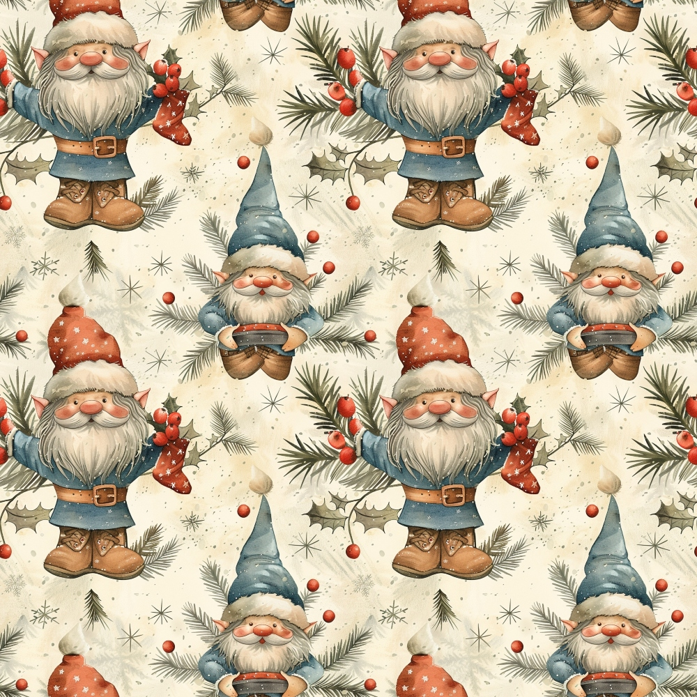 christmas gnomes, holiday pattern,, fabric panel, red berries, blue clothing, white beards, brown boots, pine branches, holiday stockings, winter gnomes, festive characters, cream background, seasonal fabric, holly leaves, starbursts, whimsical design, repeating pattern, christmas decoration, nordic gnomes