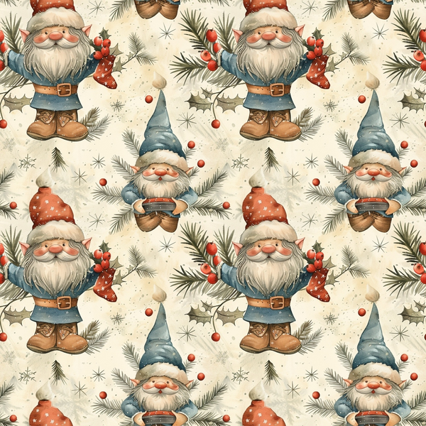 christmas gnomes, holiday pattern,, fabric panel, red berries, blue clothing, white beards, brown boots, pine branches, holiday stockings, winter gnomes, festive characters, cream background, seasonal fabric, holly leaves, starbursts, whimsical design, repeating pattern, christmas decoration, nordic gnomes