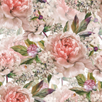 coral pink, blush pink, sage green, cream white, watercolor florals, peonies, roses, lilacs, botanical leaves, romantic flowers, soft pastels, vintage blooms,, fabric panel, floral pattern, delicate petals, garden flowers, feminine design, spring florals, seamless repeat