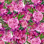 pink, magenta, fuchsia, green leaves, peony flowers, floral pattern, botanical design, watercolor style, romantic mood,, fabric panel, layered petals, dense blooms, vintage inspired, feminine design, spring flowers, garden theme, realistic florals