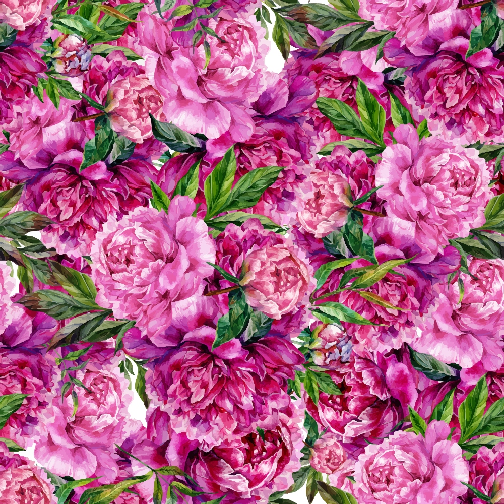 pink, magenta, fuchsia, green leaves, peony flowers, floral pattern, botanical design, watercolor style, romantic mood,, fabric panel, layered petals, dense blooms, vintage inspired, feminine design, spring flowers, garden theme, realistic florals