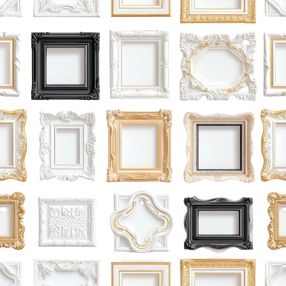 white, gold, black, picture frames, ornate frames, baroque frames, decorative molding,, fabric panel, vintage frames, empty frames, rectangular frames, square frames, oval frames, intricate details, elegant design, repeating pattern, antique style, luxurious feel, neutral palette